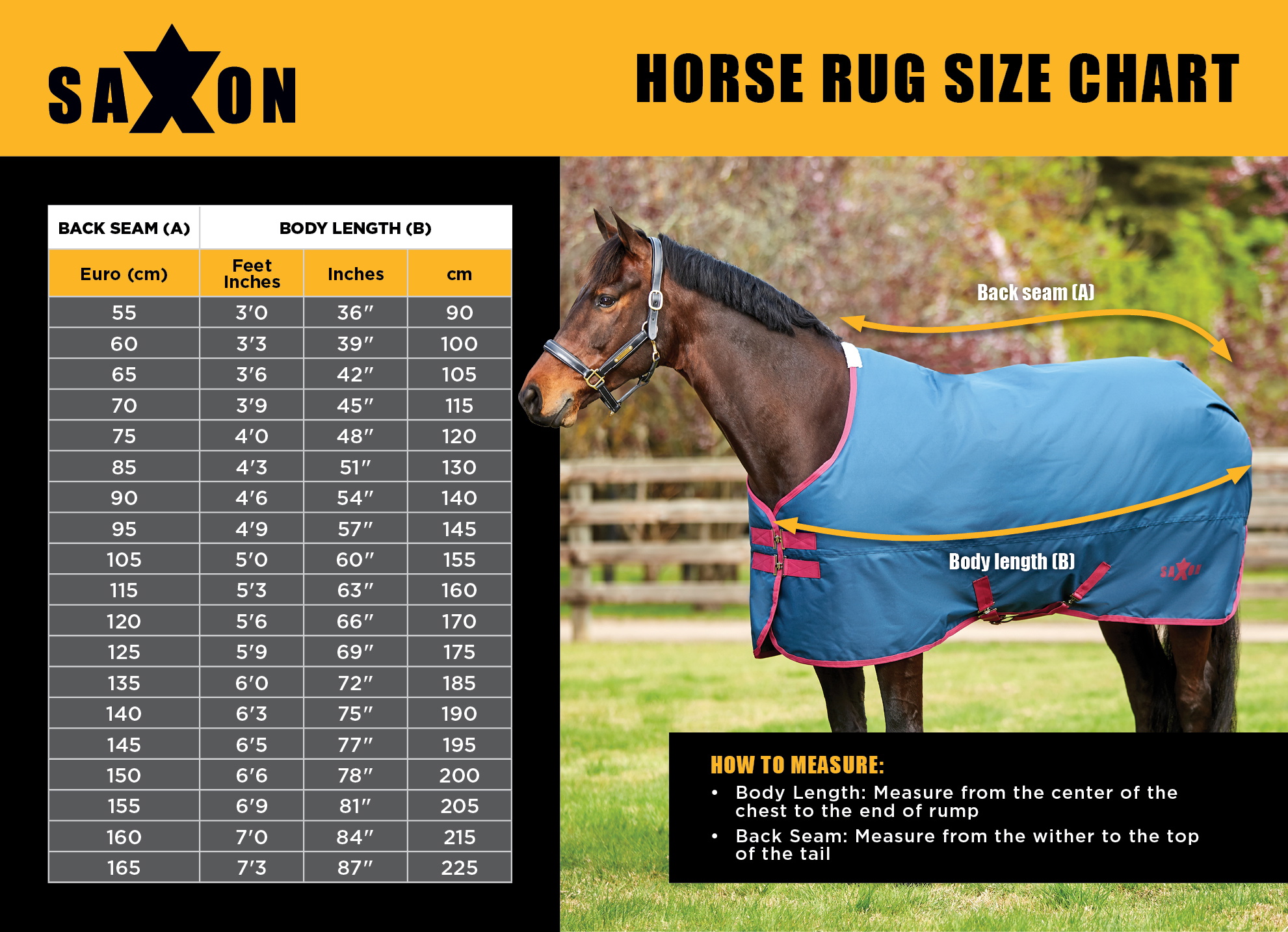 2026 Saxon Horse Rug  Size Chart